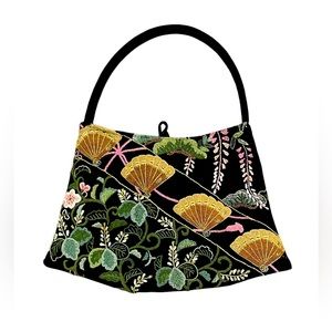 Small Asian Fan Evening Bag, Pink, Green and Gold. 7 x 11 inches